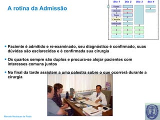 A rotina da Admissão Paciente é admitido e re-examinado, seu diagnóstico é confirmado, suas dúvidas são esclarecidas e é confirmada sua cirurgia Os quartos sempre são duplos e procura-se alojar pacientes com interesses comuns juntos No final da tarde assistem a uma palestra sobre o que ocorrerá durante a cirurgia 
