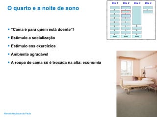 O quarto e a noite de sono “ Cama é para quem está doente”! Estímulo a socialização Estímulo aos exercícios Ambiente agradável A roupa de cama só é trocada na alta: economia 