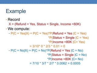 Example
• Record
X = (Refund = Yes, Status = Single, Income =80K)
• We compute:
• P(C = Yes|X) = P(C = Yes)*P(Refund = Yes |C = Yes)
*P(Status = Single |C = Yes)
*P(Income =80K |C= Yes)
= 3/10* 0 * 2/3 * 0.01 = 0
• P(C = No|X) = P(C = No)*P(Refund = Yes |C = No)
*P(Status = Single |C = No)
*P(Income =80K |C= No)
= 7/10 * 3/7 * 2/7 * 0.0062 = 0.0005
 