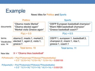 Example
“Obama meets Merkel”
“Obama elected again”
“Merkel visits Greece again”
“OSFP European basketball champion”
“Miami NBA basketball champion”
“Greece basketball coach?”
News titles for Politics and Sports
Politics Sports
documents
P(p) = 0.5 P(s) = 0.5
obama:2, meets:1, merkel:2,
elected:1, again:2, visits:1,
greece:1
OSFP:1, european:1, basketball:3,
champion:2, miami:1, nba:1,
greece:1, coach:1
terms
Total terms: 10 Total terms: 11
New title: X = “Obama likes basketball”
Vocabulary
size: 14
P(Politics|X) ~ P(p)*P(obama|p)*P(likes|p)*P(basketball|p)
= 0.5 * 3/(10+14) *1/(10+14) * 1/(10+14) = 0.000108
P(Sports|X) ~ P(s)*P(obama|s)*P(likes|s)*P(basketball|s)
= 0.5 * 1/(11+14) *1/(11+14) * 4/(11+14) = 0.000128
 