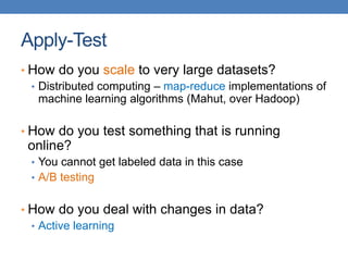 Apply-Test
• How do you scale to very large datasets?
• Distributed computing – map-reduce implementations of
machine learning algorithms (Mahut, over Hadoop)
• How do you test something that is running
online?
• You cannot get labeled data in this case
• A/B testing
• How do you deal with changes in data?
• Active learning
 