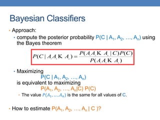 Bayesian Classifiers
• Approach:
• compute the posterior probability P(C | A1, A2, …, An) using
the Bayes theorem
• Maximizing
P(C | A1, A2, …, An)
is equivalent to maximizing
P(A1, A2, …, An|C) P(C)
• The value 𝑃(𝐴1, … , 𝐴 𝑛) is the same for all values of C.
• How to estimate P(A1, A2, …, An | C )?
)(
)()|(
)|(
21
21
21
n
n
n
AAAP
CPCAAAP
AAACP


 
 