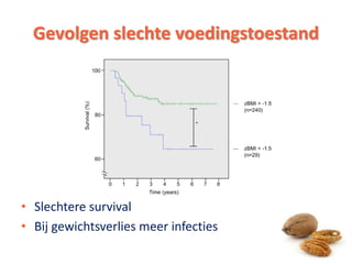 Gevolgen slechte voedingstoestand
• Slechtere survival
• Bij gewichtsverlies meer infecties
12
 