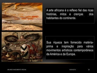 Sua riqueza tem fornecido matéria-
prima e inspiração para vários
movimentos artísticos contemporâneos
da América e da Europa.
03/04/2014ARLINDO NASCIMENTO ROCHA 32
A arte africana é o reflexo fiel das ricas
histórias, mitos e crenças dos
habitantes do continente.
 