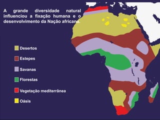 03/04/2014ARLINDO NASCIMENTO ROCHA 8
A grande diversidade natural
influenciou a fixação humana e o
desenvolvimento da Nação africana.
Desertos
Estepes
Savanas
Florestas
Oásis
Vegetação mediterrânea
 