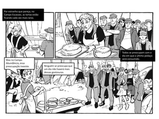 Por estranho que pareça, no
Campo Escassez, as tortas estão
ficando cada vez mais raras.
Todos se preocupam com o
dia em que o último pedaço
será consumido.Mas no Campo
Abundância, essa
preocupação inexiste. Ninguém se preocupa que
um dia não haverá mais
dessas gostosuras.
 