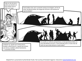 Cada um de nós tem o
poder para decidir em
qual campo morar e
onde quer viver. Você prefere viver sob a constante ameaça da estiagem, do fim do
amor, da falta de ideias, da míngua de recursos e da escassez de
oportunidades?
Ou escolhe as melhores perspectivas, as mais grandiosas ideias, os
mais abundantes recursos, o mais profundo amor e muito mais de
tudo isso que ainda está por vir para todos?Lembrem-se: aquele que semeia pouco,
também colherá pouco, e aquele que semeia
com fartura, também colherá fartamente.
— 2 Coríntios 9:6 NVI
Adapted from a presentation by My Wonder Studio. Text courtesy of Activated magazine. Featured on www.freekidstories.org
 