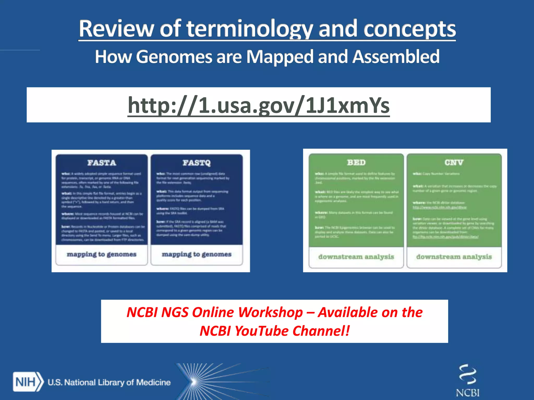 http://1.usa.gov/1J1xmYs
NCBI NGS Online Workshop – Available on the
NCBI YouTube Channel!
 
