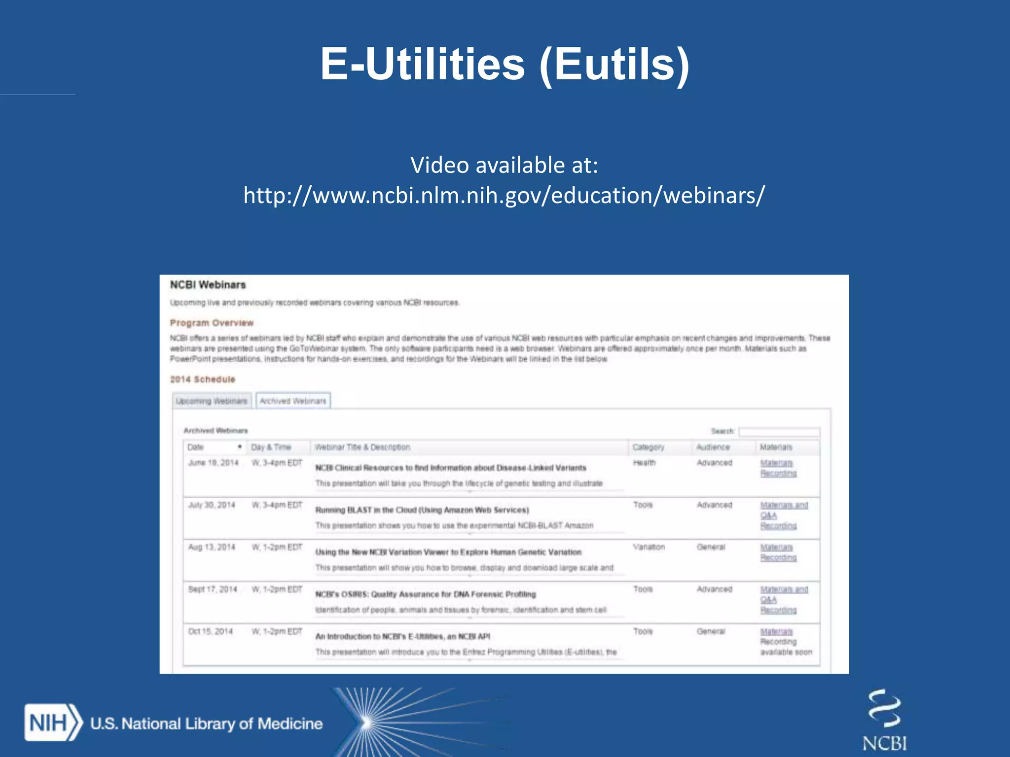 E-Utilities (Eutils)
Video available at:
http://www.ncbi.nlm.nih.gov/education/webinars/
 