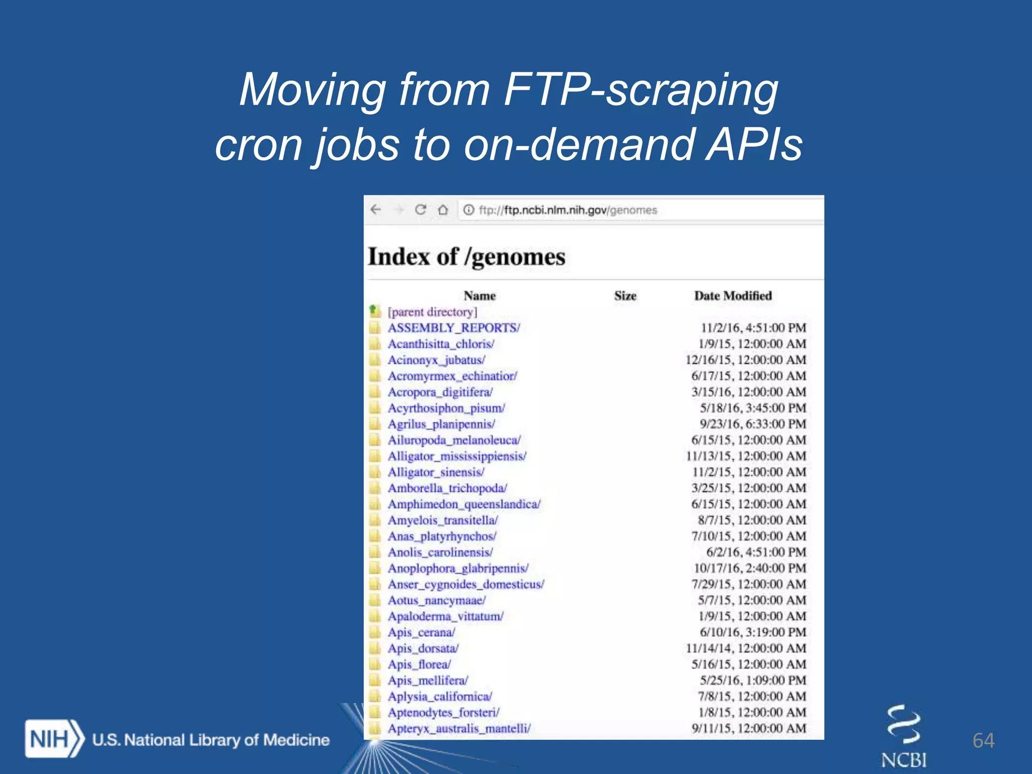 64
Moving from FTP-scraping
cron jobs to on-demand APIs
 