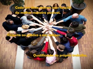 Cada um deve exercer suas funções
da melhor maneira possível.

Respeito ao público e aos colegas.

Qualificação do próprio trabalho.

 