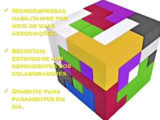  Microempresas
habilitam-se por
meio de suas
associações.
 Benefício
estende-se aos
dependentes dos
colaboradores.
 Somente para
pagamentos em
dia.

 