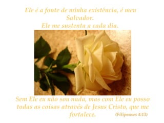 Ele é a fonte de minha existência, é meu Salvador.Ele me sustenta a cada dia.Sem Ele eu não sou nada, mas com Ele eu posso todas as coisas através de Jesus Cristo, que me fortalece.(Filipenses 4:13)