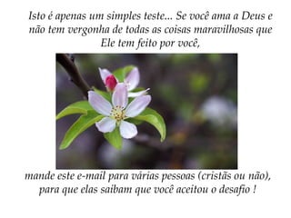 Isto é apenas um simples teste... Se você ama a Deus e não tem vergonha de todas as coisas maravilhosas que Ele tem feito por você,mande este e-mail para várias pessoas (cristãs ou não), para que elas saibam que você aceitou o desafio !