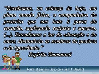 “Recebemos, na criança de hoje, em
pleno mundo físico, o companheiro do
pretérito que nos bate à porta do
coração, suplicando reajuste e socorro,
(...). Estendamos a luz da educação e do
amor, diminuindo as sombras da penúria
e da ignorância.”
Espírito Emmanuel
Fonte: (Família – Lição Cá e Lá, F. C. Xavier)
 