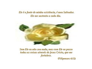 Ele é a fonte de minha existência, é meu Salvador. Ele me sustenta a cada dia.   Sem Ele eu não sou nada, mas com Ele eu posso todas as coisas através de Jesus Cristo, que me fortalece. (Filipenses 4:13) 