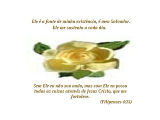 Ele é a fonte de minha existência, é meu Salvador. Ele me sustenta a cada dia.   Sem Ele eu não sou nada, mas com Ele eu posso todas as coisas através de Jesus Cristo, que me fortalece. (Filipenses 4:13) 