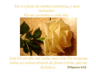 Ele é a fonte de minha existência, é meu Salvador. Ele me sustenta a cada dia.   Sem Ele eu não sou nada, mas com Ele eu posso todas as coisas através de Jesus Cristo, que me fortalece. (Filipenses 4:13) 