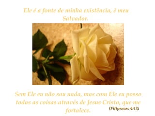 Ele é a fonte de minha existência, é meu Salvador. Ele me sustenta a cada dia.   Sem Ele eu não sou nada, mas com Ele eu posso todas as coisas através de Jesus Cristo, que me fortalece. (Filipenses 4:13) 
