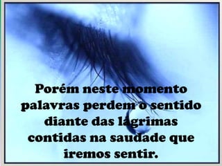 Porém neste momento
palavras perdem o sentido
diante das lágrimas
contidas na saudade que
iremos sentir.
 