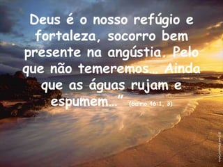 Deus é o nosso refúgio e fortaleza, socorro bem presente na angústia. Pelo que não temeremos… Ainda que as águas rujam e espumem…” (Salmo 46:1, 3)