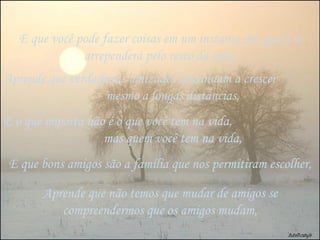E que você pode fazer coisas em um instante das quais se arrependerá pelo resto da vida, Aprende que verdadeiras amizades continuam a crescer  mesmo a longas distâncias, E o que importa não é o que você tem na vida,  mas quem você tem na vida, E que bons amigos são a família que nos permitiram escolher, Aprende que não temos que mudar de amigos se compreendermos que os amigos mudam, 