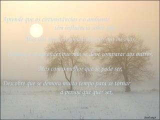 Aprende que as circunstâncias e o ambiente  têm influência sobre nós, Mas nós somos responsáveis por nós mesmos, Começa a se aprender que não se deve comparar aos outros, Mas com o melhor que se pode ser, Descobre que se demora muito tempo para se tornar  à pessoa que quer ser, 