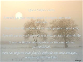 Que o tempo é curto, Aprende que não importa aonde já chegou, mas onde  está indo, Mas se você não sabe onde está indo, qualquer lugar serve, Aprende que ou você controla seus atos, ou eles o controlarão, E que ser flexível não significa ser fraco ou não ter personalidade, Pois não importa quão frágil e delicada seja uma situação,  sempre existem dois lados, 