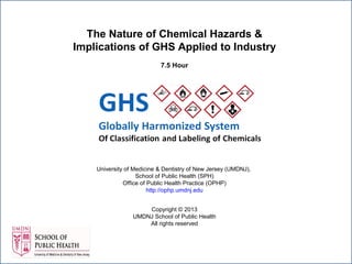 The Nature of Chemical Hazards &
Implications of GHS Applied to Industry
7.5 Hour

University of Medicine & Dentistry of New Jersey (UMDNJ),
School of Public Health (SPH)
Office of Public Health Practice (OPHP)
http://ophp.umdnj.edu
Copyright © 2013
UMDNJ School of Public Health
All rights reserved

 