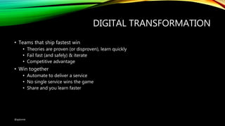 DIGITAL TRANSFORMATION
• Teams that ship fastest win
• Theories are proven (or disproven), learn quickly
• Fail fast (and safely) & iterate
• Competitive advantage
• Win together
• Automate to deliver a service
• No single service wins the game
• Share and you learn faster
@ajdomie
 
