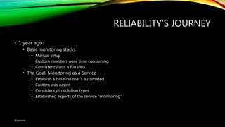 RELIABILITY’S JOURNEY
• 1 year ago:
• Basic monitoring stacks
• Manual setup
• Custom monitors were time consuming
• Consistency was a fun idea
• The Goal: Monitoring as a Service
• Establish a baseline that’s automated
• Custom was easier
• Consistency in solution types
• Established experts of the service “monitoring”
@ajdomie
 