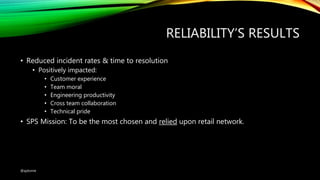 RELIABILITY’S RESULTS
• Reduced incident rates & time to resolution
• Positively impacted:
• Customer experience
• Team moral
• Engineering productivity
• Cross team collaboration
• Technical pride
• SPS Mission: To be the most chosen and relied upon retail network.
@ajdomie
 