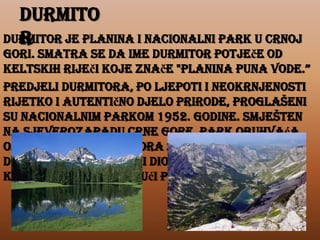 Durmito
Durmitor je planina i nacionalni park u Crnoj
r

Gori. Smatra se da ime Durmitor potječe od
keltskih riječi koje znače "planina puna vode.”
Predjeli Durmitora, po ljepoti i neokrnjenosti
rijetko i autentično djelo prirode, proglašeni
su nacionalnim parkom 1952. godine. smješten
na sjeverozapadu Crne Gore, park obuhvaća
osnovni masiv Durmitora sa kanjonima Tare,
Drage i sušice i gornji dio kanjonske doline
Komarnice, zauzimajući površinu od 39 000 ha.

 