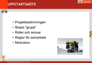 Copyright 2014 Sogeti. All rights reserved. Proprietary and Confidential.
• Projektbeskrivningen
• Skapa "grupp"
• Roller och ansvar
• Regler för samarbete
• Motivation
UPPSTARTSMÖTE
 