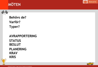Copyright 2014 Sogeti. All rights reserved. Proprietary and Confidential.
Behövs de?
Varför?
Typer?
AVRAPPORTERING
STATUS
BESLUT
PLANERING
KRAV
KRIS
MÖTEN
 