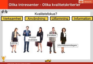 Copyright 2014 Sogeti. All rights reserved. Proprietary and Confidential.
Verksamhet Användning InformationUtformning
Olika intressenter – Olika kvalitetskriterier
Kvalitetsfokus?
Förvaltare
Informationsmottagare
Ledning
Produkt
användare
 
