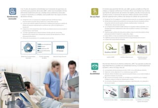 Análisis HR/BP
24horas
Con 25 años de experiencia de Mindray en el monitoreo de pacientes, los
monitores para pacientes de la serie uMEC cubren las necesidades clínicas
ofreciendo mediciones precisas y estables de los parámetros esenciales.
Cuando el monitoreo es conﬁable, usted puede estar más seguro al tomar
decisiones clínicas.
El Algoritmo ECG con derivaciones múltiples patentado de Mindray mejora
enormemente la precisión de las mediciones y reduce falsas alarmas
La técnica de medición rápida PNI disminuye el malestar provocado por la presión de
inﬂado de la pulsera, especialmente en pacientes que sufren de hipertensión o
hipotensión
El algoritmo contra interferencia SpO2
brinda una medición precisa incluso cuando el
paciente está en movimiento
La amplia capacidad para el almacenamiento de datos permite una revisión
exhaustiva de la historia clínica del paciente; también admite dispositivos USB de
almacenamiento externo
8 horas de funcionamiento con una batería de iones de litio
El monitor para pacientes fácil de usar uMEC ayuda a simpliﬁcar el ﬂujo de
trabajo y a mejorar la eﬁciencia. El monitor ofrece una interfaz muy intuitiva
que facilita las aplicaciones de manera más rápida y sencilla, incluso para los
usuarios nuevos. El personal de atención médica necesita menos tiempo
para las capacitaciones y dedica más tiempo al cuidado de los pacientes.
Pantalla LED de 10,4 pulgadas/12,1 pulgadas de alta resolución con pantalla táctil opcional
Admite distintos diseños de la pantalla de monitoreo para diversas necesidades clínicas,
incluyendo fuente de tamaño grande, pantalla completa/media, monitoreo de
7 derivaciones, vista de la otra cama, etc.
Las conﬁguraciones predeterminadas satisfacen los requisitos médicos generales, no es
necesario ajustar las conﬁguraciones antes del uso; ayuda a comenzar a usar el equipo
rápidamente
Estadísticas para cambios de la frecuencia cardíaca y para el control de la presión arterial
ambulatoria, donde se muestran los valores altos y bajos
El peso inferior a 3,5 kg con la batería permite transportar el equipo
El gabinete exclusivo para accesorios permite el manejo eﬁciente de los mismos
El diseño de una pieza facilita la limpieza
Para brindar eﬁciencia en distintos ambientes, uMEC ha superado pruebas de
seguridad eléctrica y pruebas de conﬁabilidad estrictas. Es extremadamente
duradero y tiene una larga vida útil.
La temperatura de funcionamiento es de 0 a 40°C y no es afectada por extremos
Protección contra caídas de 0,75 m y resistencia al agua de IPX1
Robusta cubierta de plástico que soporta el paso del tiempo y no se vuelve amarilla, es
altamente resistente a la corrosión
Bajo consumo de energía y diseño sin ventilador que lo transforma en un aparato
ecológico y reduce el riesgo de contaminación cruzada
Los accesorios Mindray son altamente conﬁables y están fabricados con materiales y
técnicas de calidad
1200horas de tendencias
1800alarmas
1600mediciones PIN
48horas de información
completa
ECG
PNI SpO2
EstableRápido
Preciso
8 horas
Mediciones fundamentales
avanzadas
Enorme capacidad
de datos
Batería de larga duración
De uso fácilRendimiento
avanzado
Análisis HR/BP Gabinete exclusivo
para accesorios
Interfaces fáciles de usar
Compatible con múltiples
agentes de limpieza
Accesorios de alta calidad Protección contra caídas
Alta
durabilidad
 