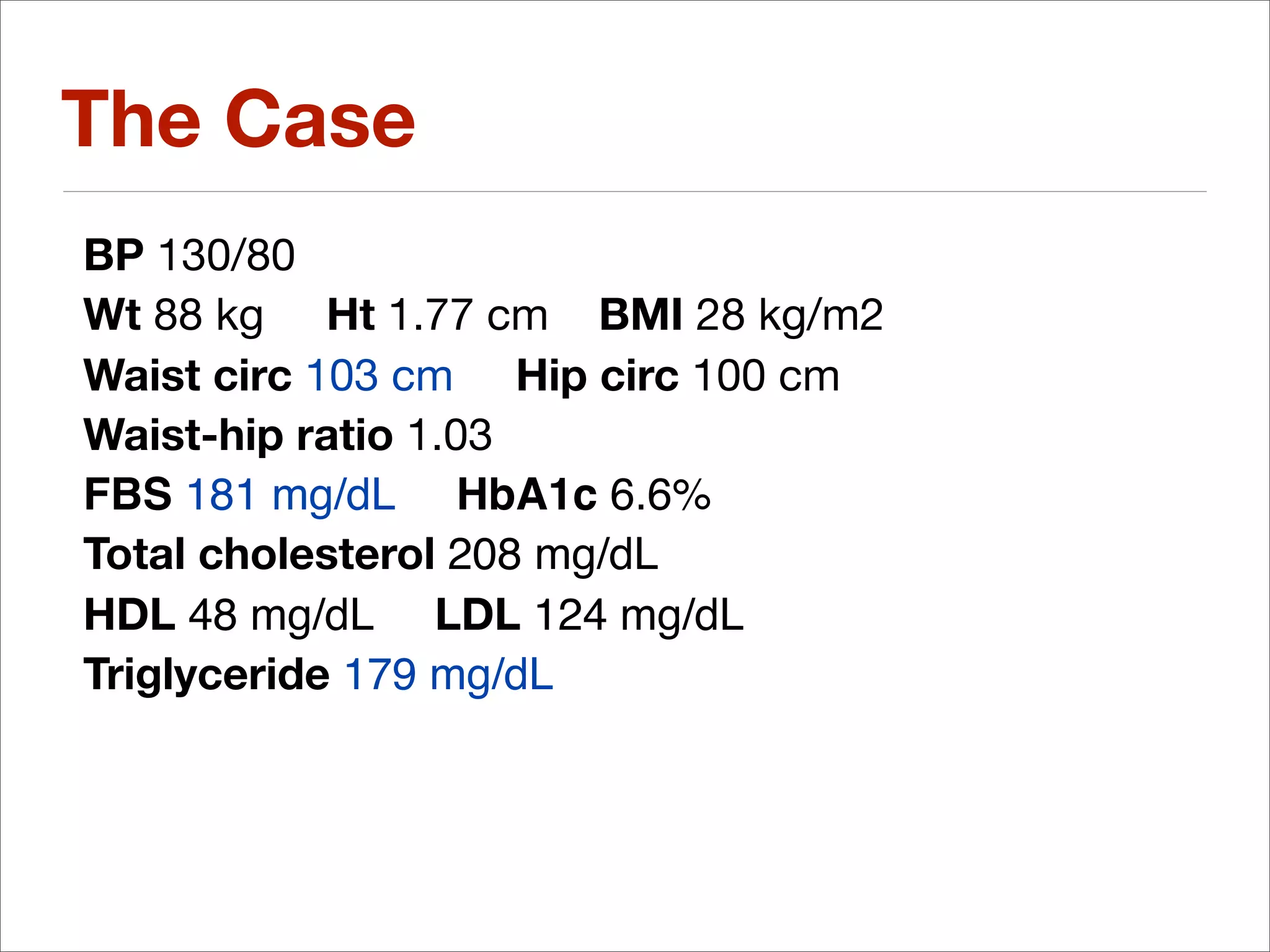 The Case
BP 130/80
Wt 88 kg Ht 1.77 cm BMI 28 kg/m2
Waist circ 103 cm Hip circ 100 cm
Waist-hip ratio 1.03
FBS 181 mg/dL HbA1c 6.6%
Total cholesterol 208 mg/dL
HDL 48 mg/dL LDL 124 mg/dL
Triglyceride 179 mg/dL
 