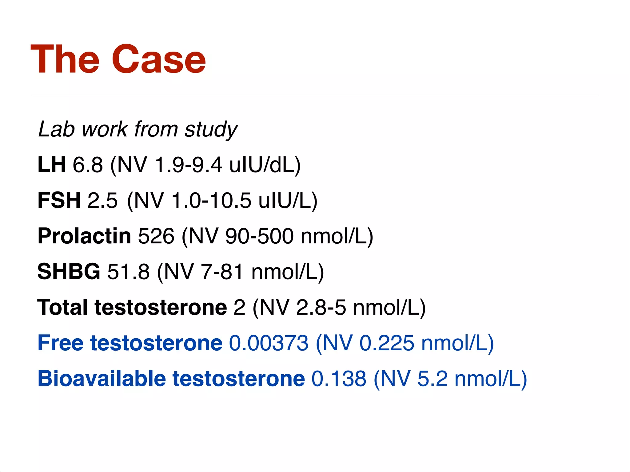 The Case
Lab work from study
LH 6.8 (NV 1.9-9.4 uIU/dL)
FSH 2.5 (NV 1.0-10.5 uIU/L)
Prolactin 526 (NV 90-500 nmol/L)
SHBG 51.8 (NV 7-81 nmol/L)
Total testosterone 2 (NV 2.8-5 nmol/L)
Free testosterone 0.00373 (NV 0.225 nmol/L)
Bioavailable testosterone 0.138 (NV 5.2 nmol/L)
 