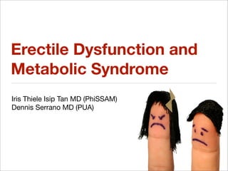 Erectile Dysfunction and
Metabolic Syndrome
Iris Thiele Isip Tan MD (PhiSSAM)
Dennis Serrano MD (PUA)
 