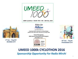 Rides for
Imparting holistic education to underprivileged
children from urban slums, with focus on the girl child
School Managed by
IIMA Alumni Association (HYD Chapter)
Charitable Trust
9th Dec - Flag OFF
MUMBAI CITY
18th Dec - Flag IN
HYDERABAD CITY
UMEED 1000k CYCLOTHON 2016
Sponsorship Opportunity For Radio Mirchi
1
 