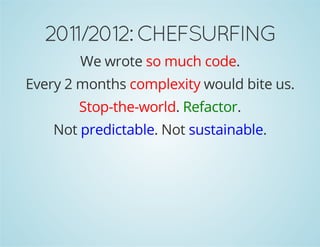 2011/2012: CHEFSURFING 
We wrote so much code. 
Every 2 months complexity would bite us. 
Stop-the-world. Refactor. 
Not predictable. Not sustainable. 
 