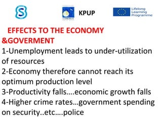 EFFECTS TO THE ECONOMY
&GOVERMENT
1-Unemployment leads to under-utilization
of resources
2-Economy therefore cannot reach its
optimum production level
3-Productivity falls….economic growth falls
4-Higher crime rates…government spending
on security..etc….police
KPUP
 