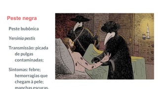 Peste negra
Peste bubônica
Yersinia pestis
Transmissão: picada
de pulgas
contaminadas;
Sintomas: febre;
hemorragias que
chegam à pele;
 
