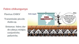Febre chikungunya
Flavírus: CHIKV
Transmissão: pica do
Aedes sp.
Sintomas: febre; dor
de cabeça; mialgia;
conjuntivite;
poliartrite.
 