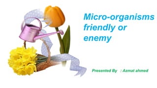 Micro-organisms 
friendly or 
enemy 
Presented By : Azmat ahmed 
 