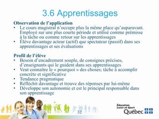 3.6 Apprentissages
Observation de l’application
• Le cours magistral n’occupe plus la même place qu’auparavant.
Employé sur une plus courte période et utilisé comme prémisse
à la tâche ou comme retour sur les apprentissages
• Élève davantage acteur (actif) que spectateur (passif) dans ses
apprentissages et ses évaluations
Profil de l’élève
• Besoin d’encadrement souple, de consignes précises,
d’enseignants qui le guident dans ses apprentissages
• Veut connaître le « pourquoi » des choses; tâche à accomplir
concrète et significative
• Tendance pragmatique
• Réfléchit davantage et trouve des réponses par lui-même
• Développe son autonomie et est le principal responsable dans
son apprentissage
32
 