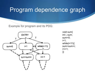 Program dependence graph
Example for program and its PDG:
void sum{
int i, sum;
sum=0;
i=1;
while(i<11){
sum=sum+i;
i=i+1;
}}
 