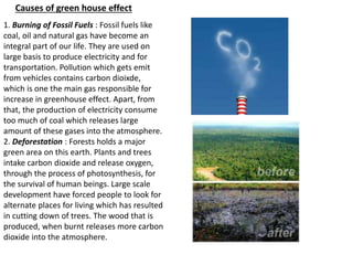 1. Burning of Fossil Fuels : Fossil fuels like
coal, oil and natural gas have become an
integral part of our life. They are used on
large basis to produce electricity and for
transportation. Pollution which gets emit
from vehicles contains carbon dioixde,
which is one the main gas responsible for
increase in greenhouse effect. Apart, from
that, the production of electricity consume
too much of coal which releases large
amount of these gases into the atmosphere.
2. Deforestation : Forests holds a major
green area on this earth. Plants and trees
intake carbon dioxide and release oxygen,
through the process of photosynthesis, for
the survival of human beings. Large scale
development have forced people to look for
alternate places for living which has resulted
in cutting down of trees. The wood that is
produced, when burnt releases more carbon
dioxide into the atmosphere.
Causes of green house effect
 