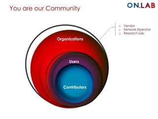 You are our Community
o Vendor
o Network Operator
o Research Lab
Organizations
Users
Contributors
 